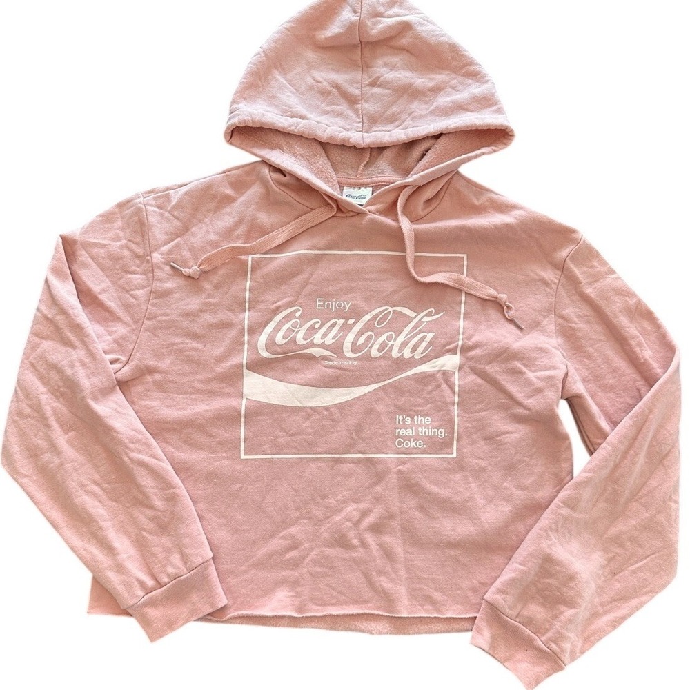 Coca-Cola Graphic Cropped‎ Hoodie Women Medium Pink Excellent Raw Hem Sweatshirt